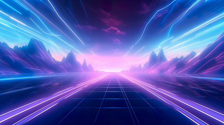 Psychedelic Abstract Futuristic Neon. Fluorescent Sci Fi. Glow Laser Showcase Stage Dark Room. Retro Modernの素材