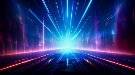 Psychedelic Abstract Futuristic Neon. Fluorescent Sci Fi. Glow Laser Showcase Stage Dark Room. Retro Modernの素材