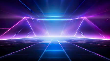 Psychedelic Abstract Futuristic Neon. Fluorescent Sci Fi. Glow Laser Showcase Stage Dark Room. Retro Modernの素材