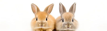 Many cute and colorful fluffy baby rabbits on white background. Panoramaの素材