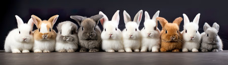 Many cute and colorful fluffy baby rabbits on white background. Panoramaの素材