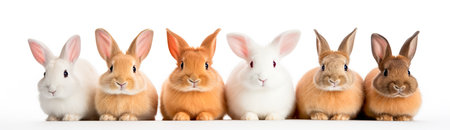 Many cute and colorful fluffy baby rabbits on white background. Panoramaの素材