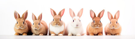 Many cute and colorful fluffy baby rabbits on white background. Panoramaの素材