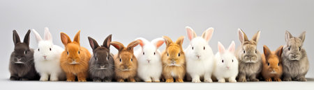 Many cute and colorful fluffy baby rabbits on white background. Panoramaの素材