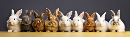 Many cute and colorful fluffy baby rabbits on white background. Panoramaの素材