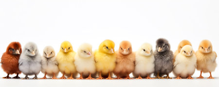 Panorama of many Young fluffy Easter Baby Chickens standing Against White Backgroundの素材