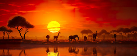 An African savannah landscape scene with safari animal silhouettesの素材