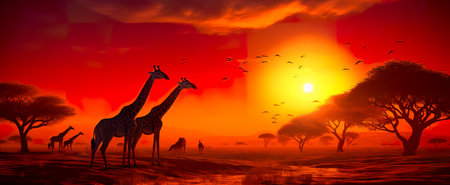 An African savannah landscape scene with safari animal silhouettesの素材