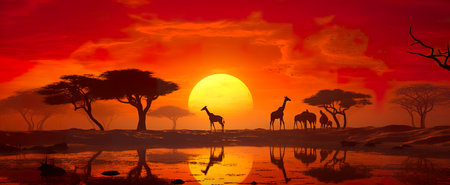 An African savannah landscape scene with safari animal silhouettesの素材