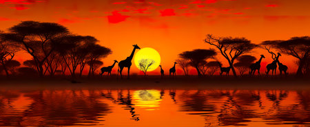 An African savannah landscape scene with safari animal silhouettesの素材