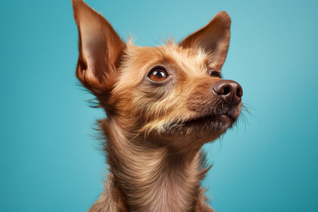 adorable portrait of amazing healthy and happy dog on the blue backgroundの素材
