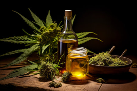 Green leaves of medicinal cannabis with extract oil.Medical marijuana flower buds.の素材