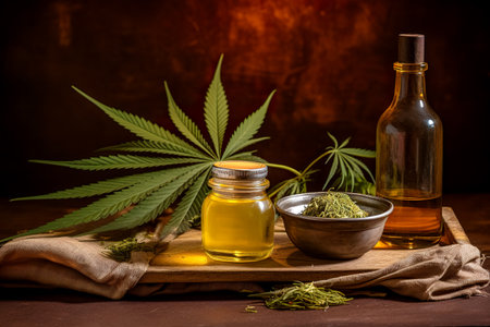 Green leaves of medicinal cannabis with extract oil.Medical marijuana flower buds.の素材