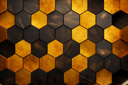 Hexagonal abstract background. Abstract black and gold hexagonal luxuryの素材