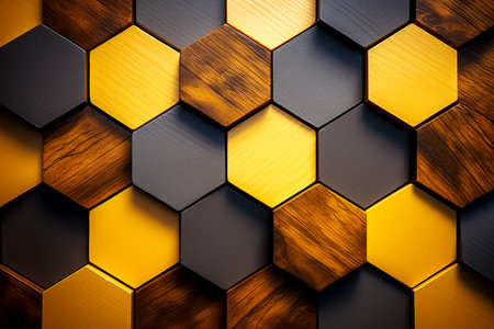 Hexagonal abstract background. Abstract black and gold hexagonal luxuryの素材