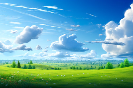 Field of green fresh grass under blue skyの素材