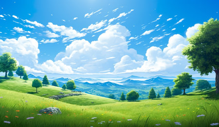 Field of green fresh grass under blue skyの素材