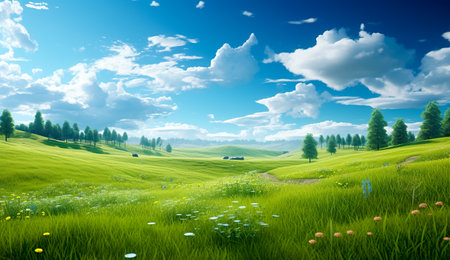 Field of green fresh grass under blue skyの素材
