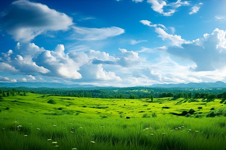 Field of green fresh grass under blue skyの素材