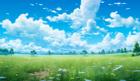 Field of green fresh grass under blue skyの素材