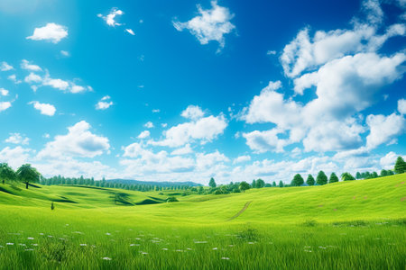 Field of green fresh grass under blue skyの素材
