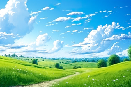 Field of green fresh grass under blue skyの素材