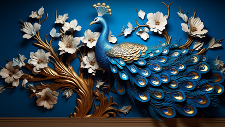 Illustration of peacock sitting on the branch , flowersの素材