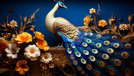 Illustration of peacock sitting on the branch , flowersの素材