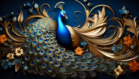 Illustration of peacock sitting on the branch , flowersの素材