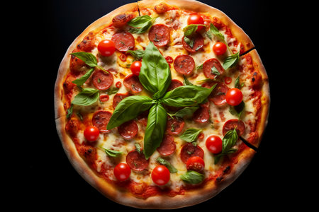 Tasty pepperoni pizza and cooking ingredients tomatoes basil on black background. Top viewの素材