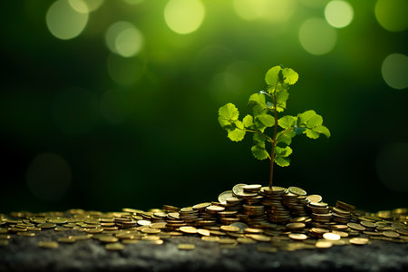 The saplings that grow on the pile of coins include the white light flooding the trees, business ideas, saving money, and economic growth.の素材