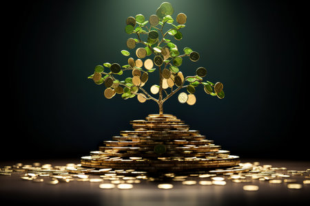 The saplings that grow on the pile of coins include the white light flooding the trees, business ideas, saving money, and economic growth.の素材