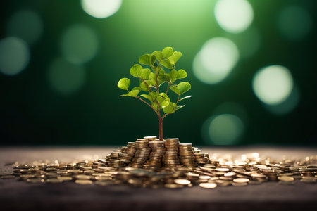 The saplings that grow on the pile of coins include the white light flooding the trees, business ideas, saving money, and economic growth.の素材