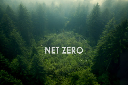 A cloud of mist in the green Net Zero figure. Carbon Neutral and Net Zero Concept.の素材