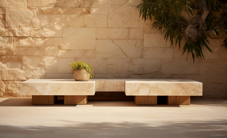 Stone product display podium with nature leaves on brown background.の素材