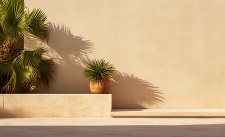 Stone product display podium with nature leaves on brown background.の素材