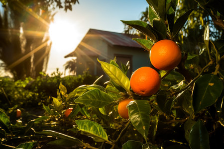 oranges branch with green leaves on treeの素材