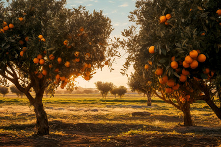 oranges branch with green leaves on treeの素材