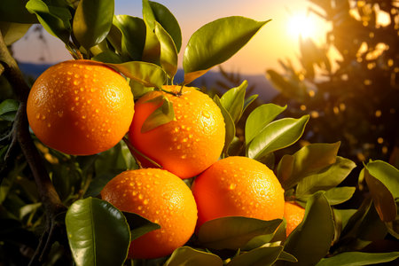 oranges branch with green leaves on treeの素材