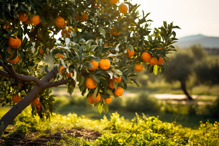 oranges branch with green leaves on treeの素材