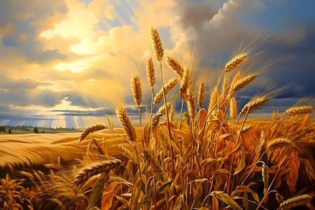 Golden wheat field on the background of hot summer sunの素材