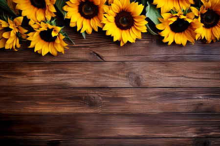 Autumn background with sunflowers on wooden boardの素材