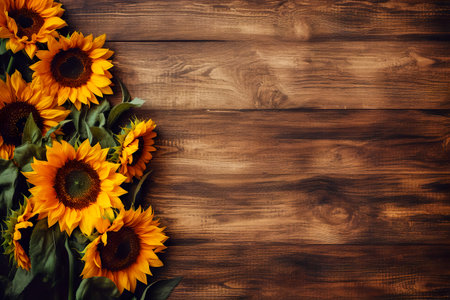 Autumn background with sunflowers on wooden boardの素材