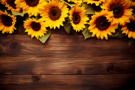 Autumn background with sunflowers on wooden boardの素材