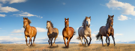 Group of young horses on the pasture againt blue skyの素材