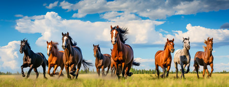 Group of young horses on the pasture againt blue skyの素材