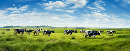 Herd of cows on a green meadow in the Netherlands.の素材