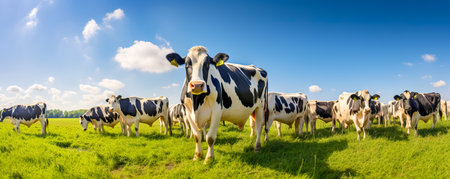 Herd of cows grazing in a meadow on a sunny dayの素材