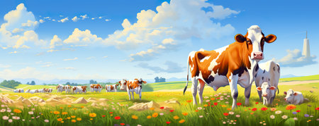 Brown and white cows in a grassy field on a bright and sunny dayの素材