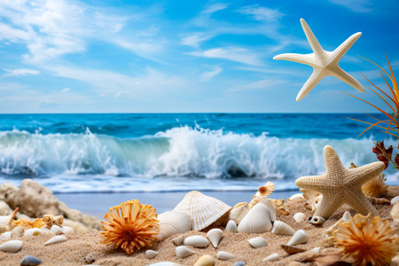 Summer concept with sandy beach, shells and starfish.の素材